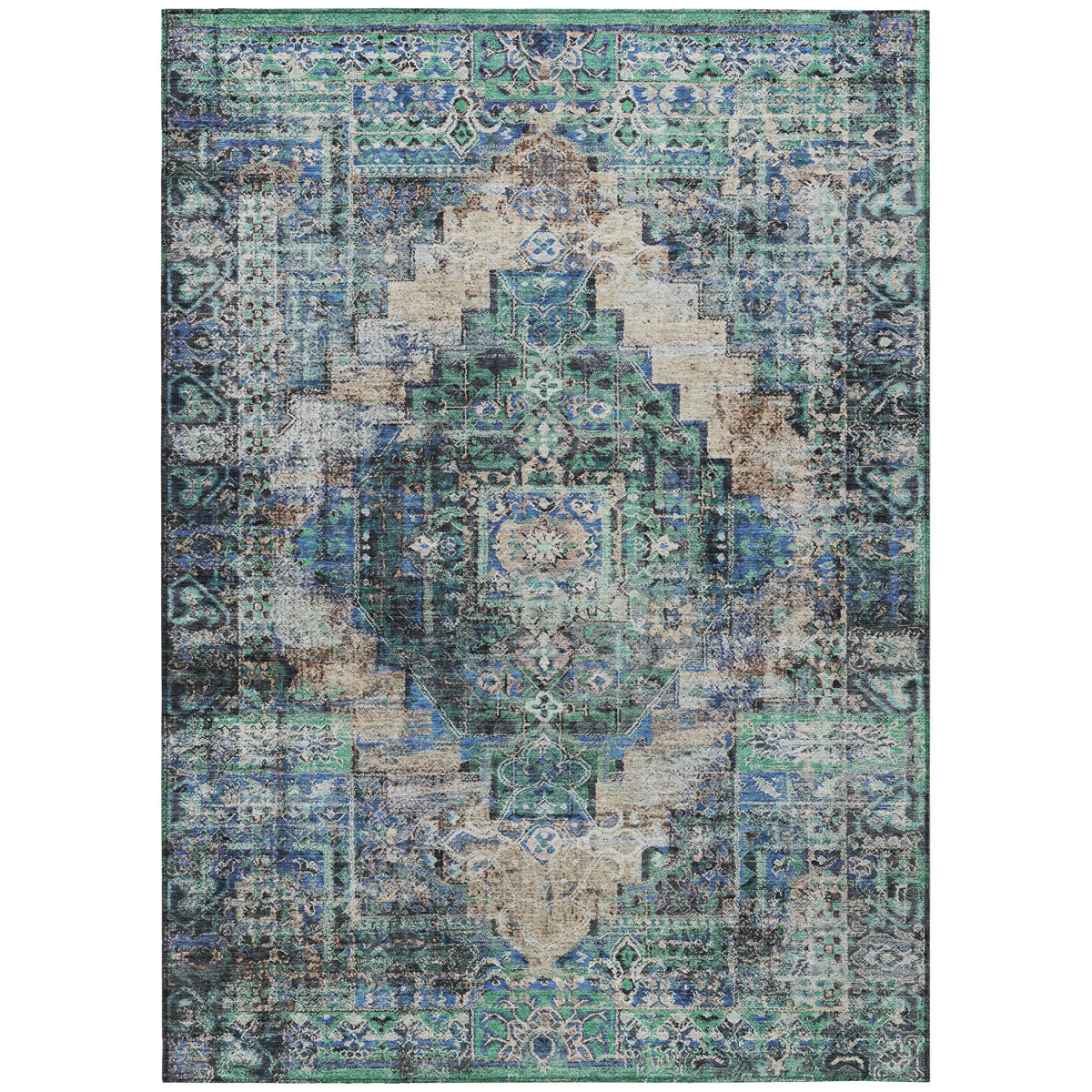 636814 9 x 12 ft. Green Teal, Blue & Beige Medallion Washable Traditional Indoor & Outdoor Rectangle Area Rug