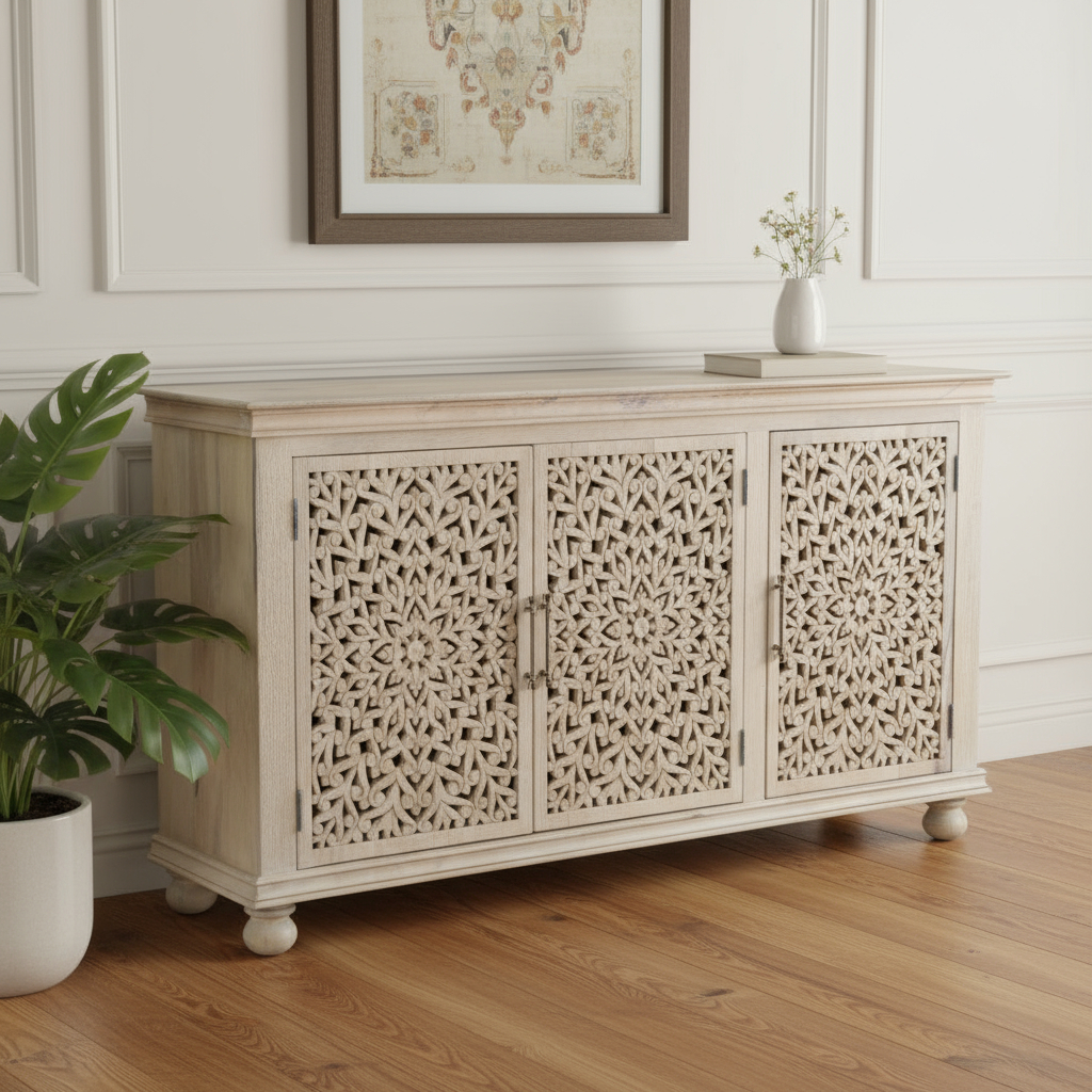 635490 40 x 72 x 18 in. White Solid Wood Carved Floral Sideboard with 3 Doors