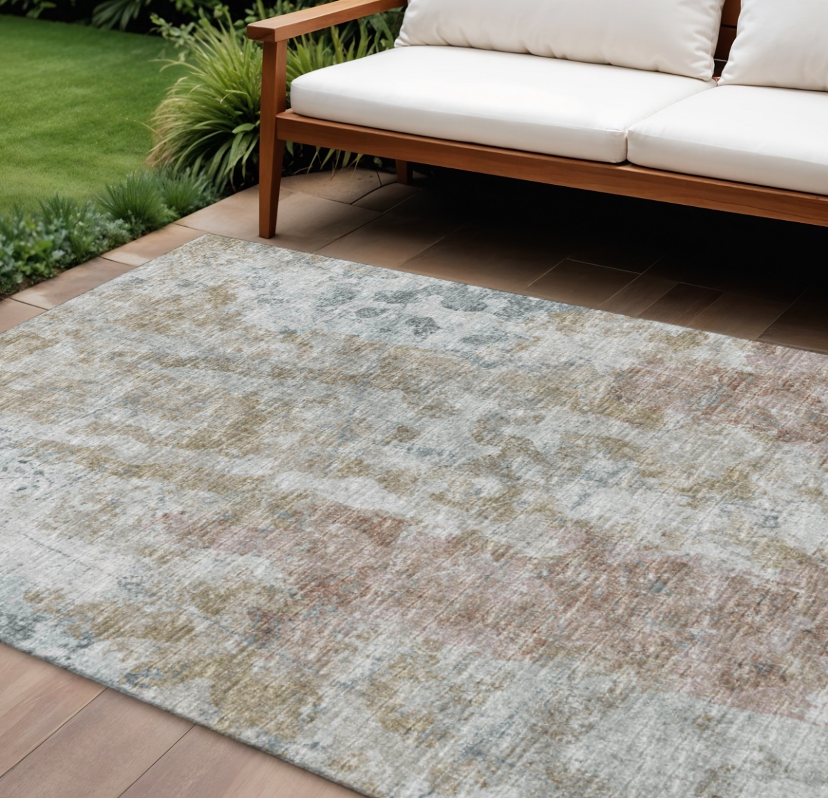 643628 8 x 10 ft. Ivory Blue & Gold Abstract Washable Transitional Indoor & Outdoor Rectangle Area Rug