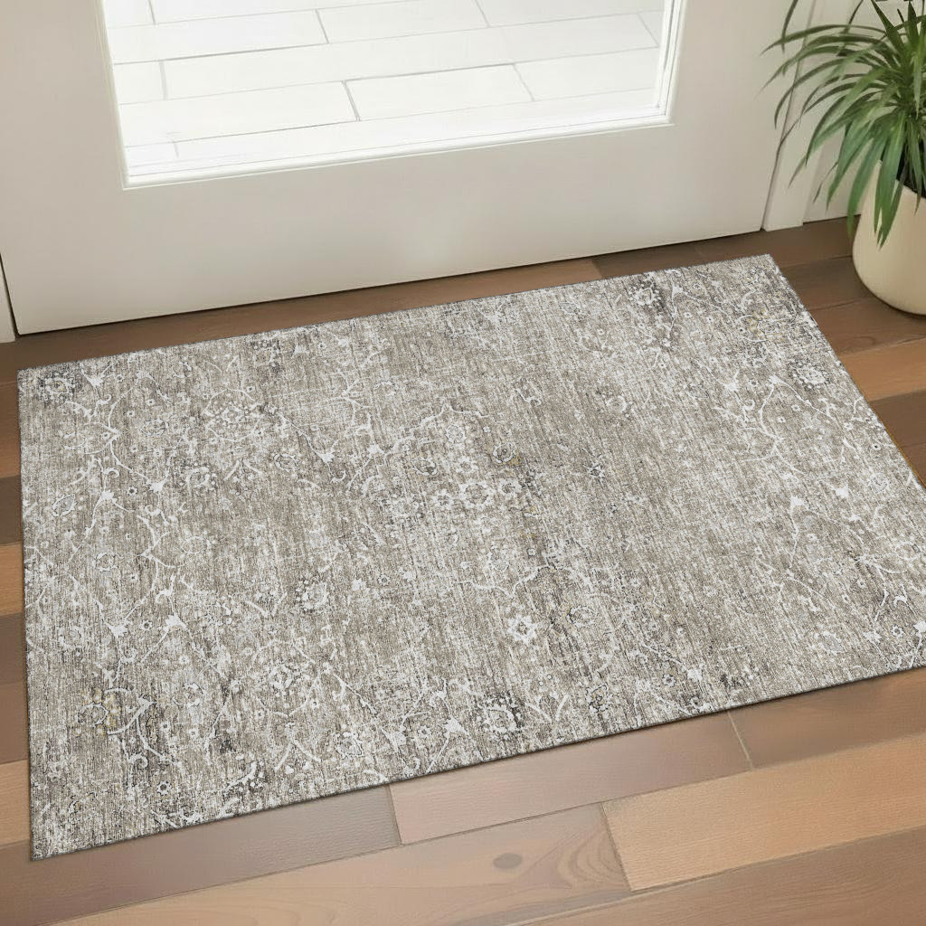 644205 3 x 5 ft. Stone & Coffee Floral Medallion Washable Machine Made Rectangle Area Rug with UV Protection