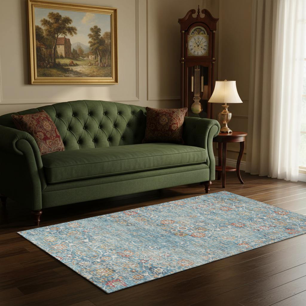644212 5 x 8 ft. Blue, Orange & Gold Floral Medallion Washable Machine Made Rectangle Area Rug with UV Protection