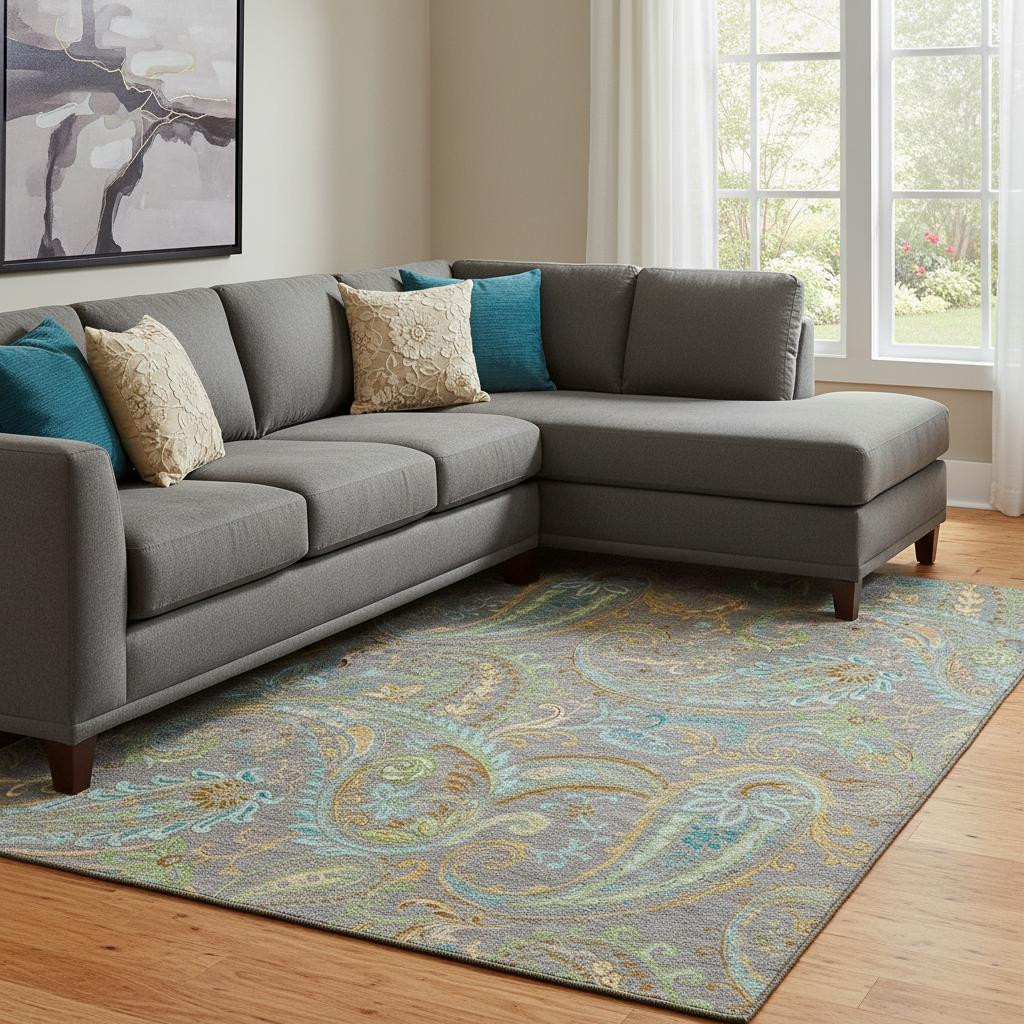 648004 10 x 14 ft. Taupe, Green & Blue Paisley Washable Machine Made Rectangle Area Rug with UV Protection
