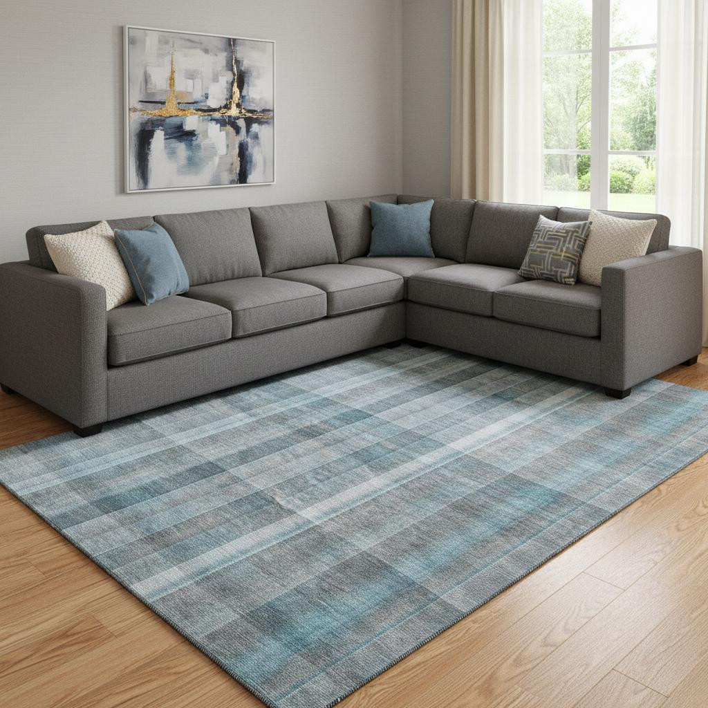 648034 10 x 14 ft. Teal & Ivory Plaid Transitional Washable Machine Made Rectangle Area Rug with UV Protection