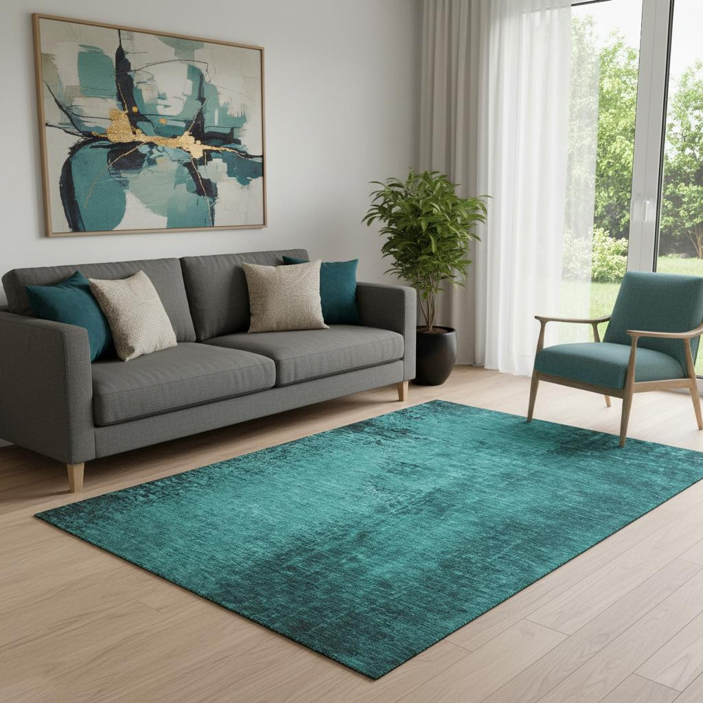 648834 5 x 8 ft. Teal & Gray Abstract Transitional Washable Machine Made Rectangle Area Rug with UV Protection