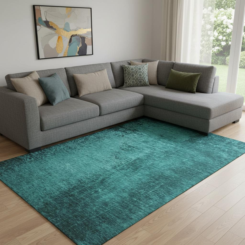 648838 10 x 14 ft. Teal & Gray Abstract Transitional Washable Machine Made Rectangle Area Rug with UV Protection
