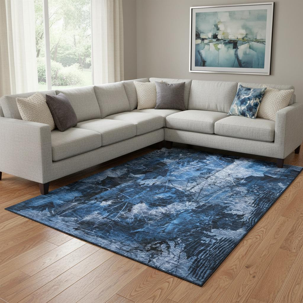 649078 10 x 14 ft. Navy Blue & Ivory Floral Transitional Washable Machine Made Rectangle Area Rug with UV Protection