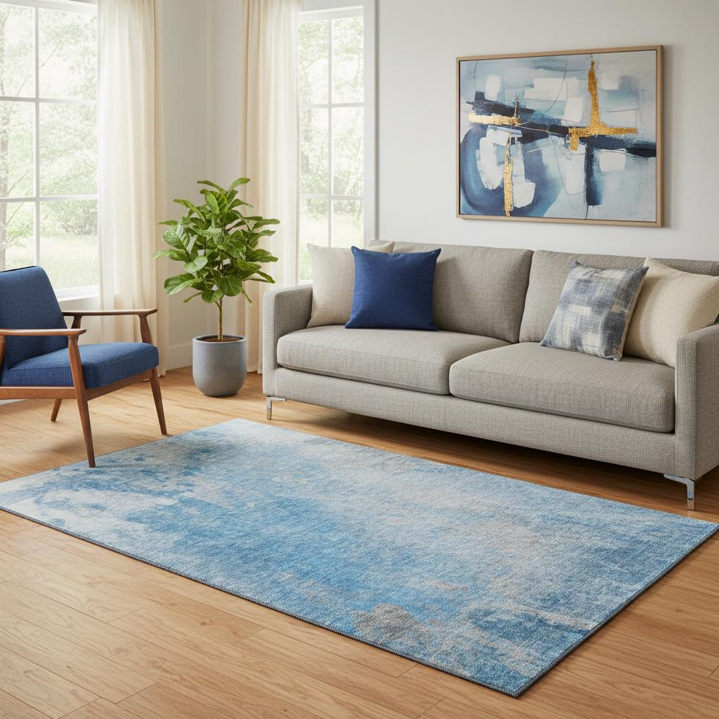 649386 5 x 8 ft. Blue & Gray Abstract Transitional Washable Machine Made Rectangle Area Rug with UV Protection
