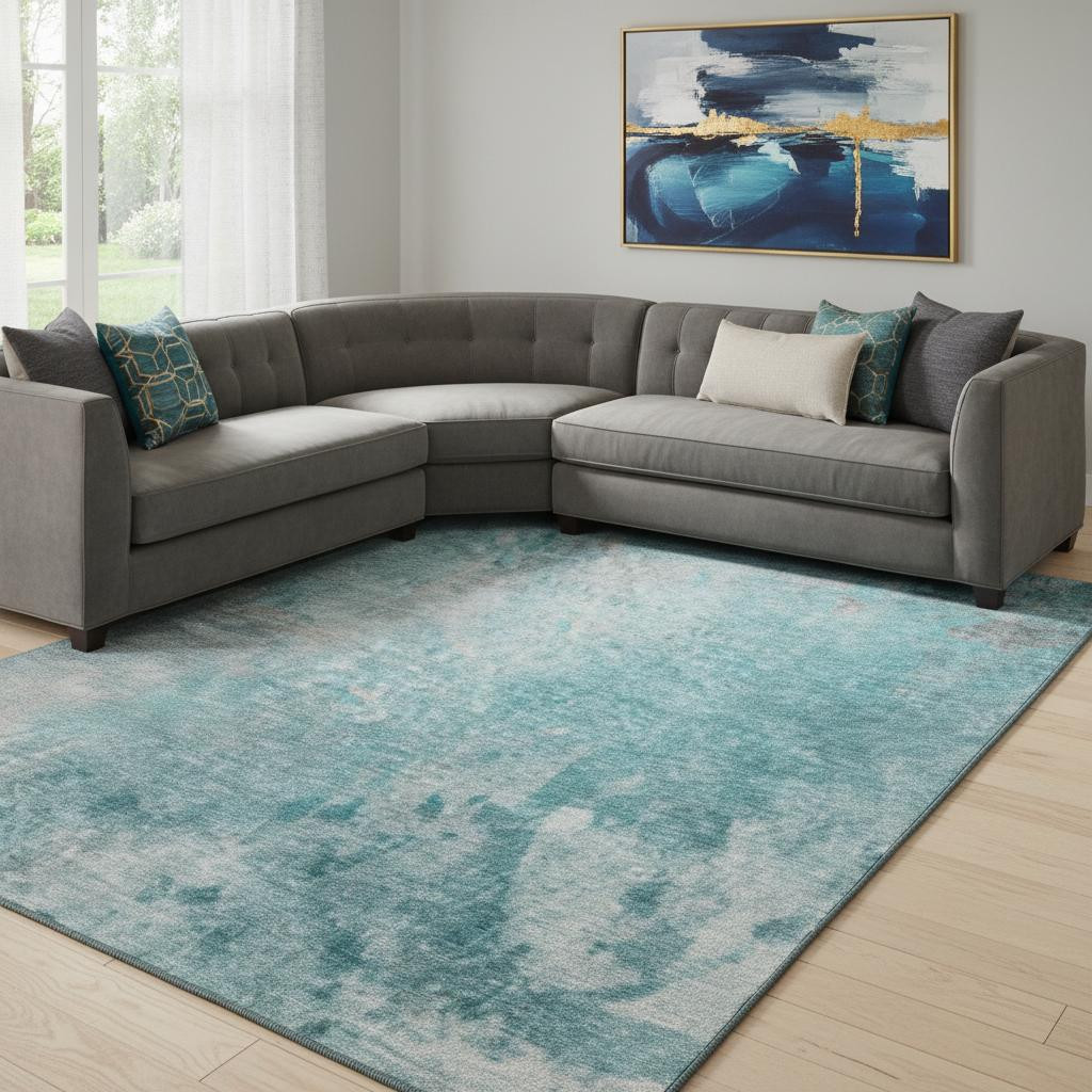 649414 10 x 14 ft. Teal & Gray Abstract Transitional Washable Machine Made Rectangle Area Rug with UV Protection