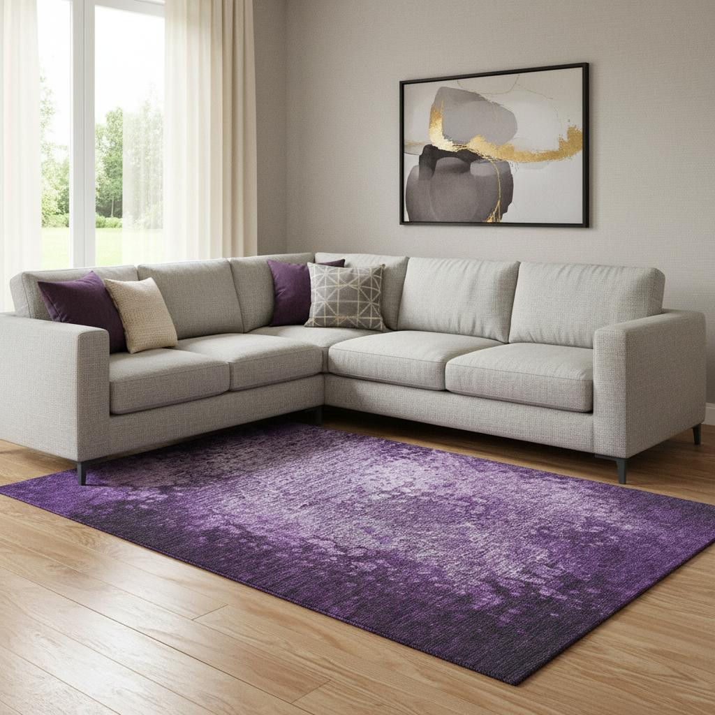 649546 10 x 14 ft. Purple & Ivory Abstract Transitional Washable Machine Made Rectangle Area Rug with UV Protection