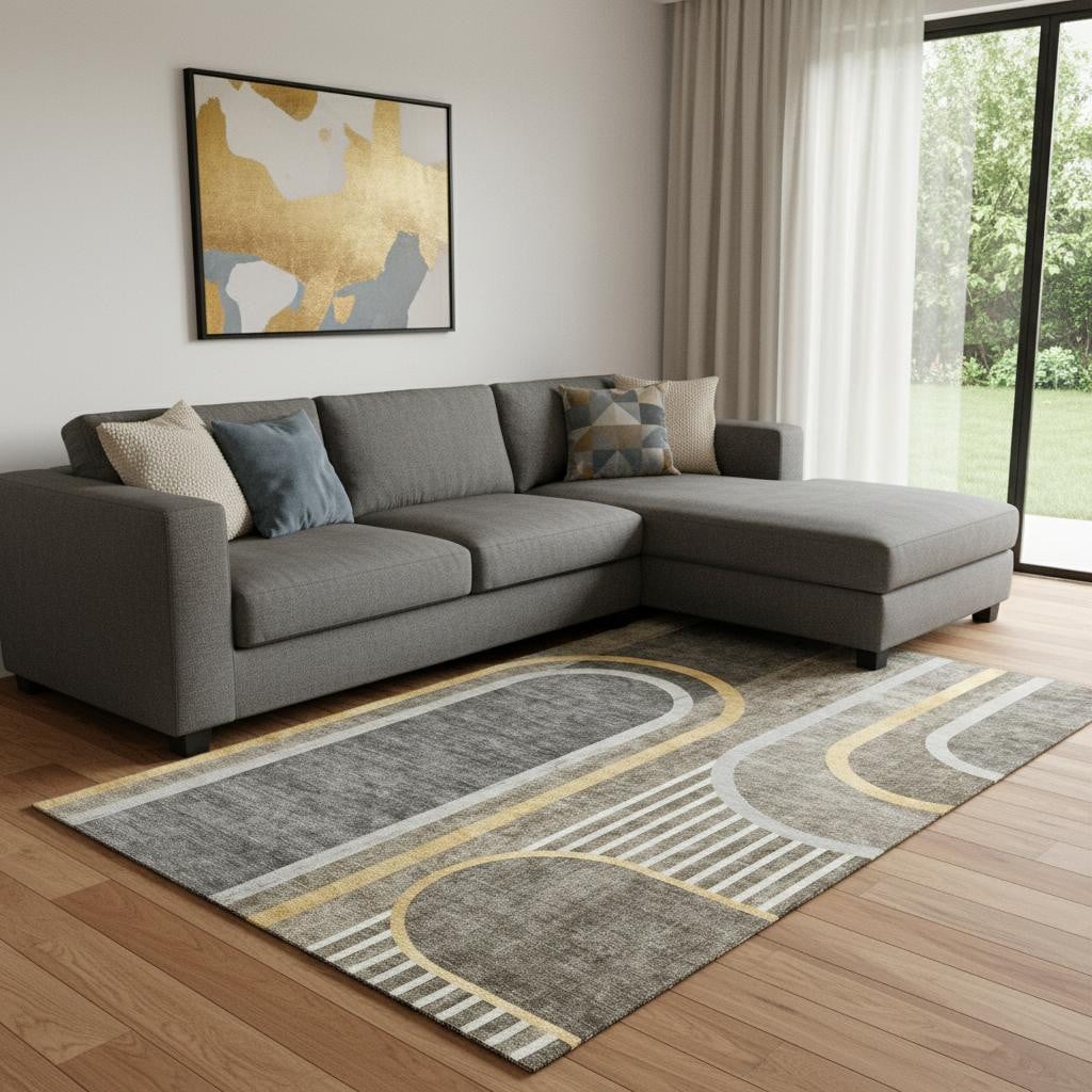 647932 10 x 14 ft. Taupe & Gold Geometric Washable Machine Made Rectangle Area Rug with UV Protection