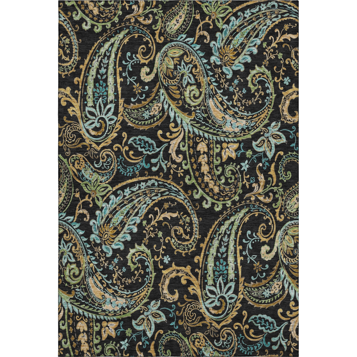 647955 9 x 12 ft. Black Blue & Green Paisley Washable Machine Made Rectangle Area Rug with UV Protection