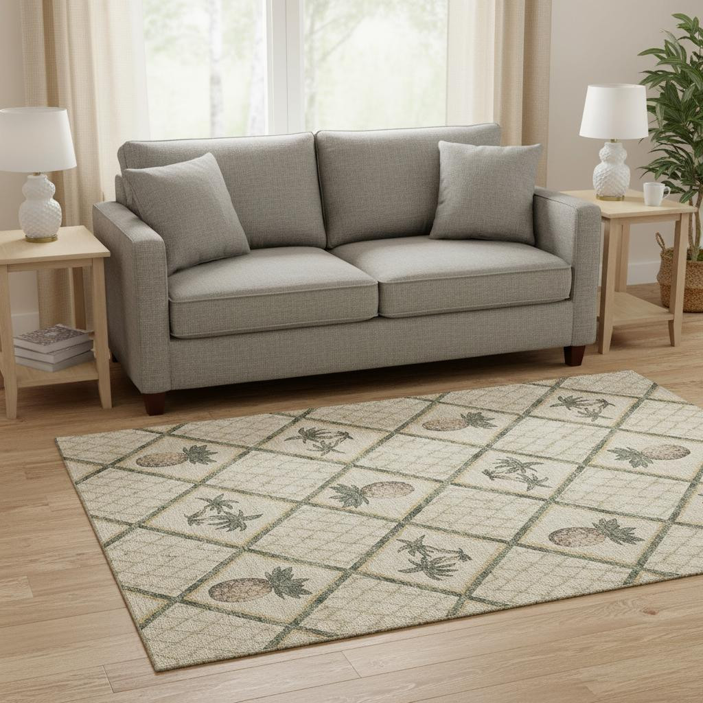 645507 5 x 8 ft. Beige Gold & Gray Botanical Leaves Washable Machine Made Rectangle Area Rug with UV Protection