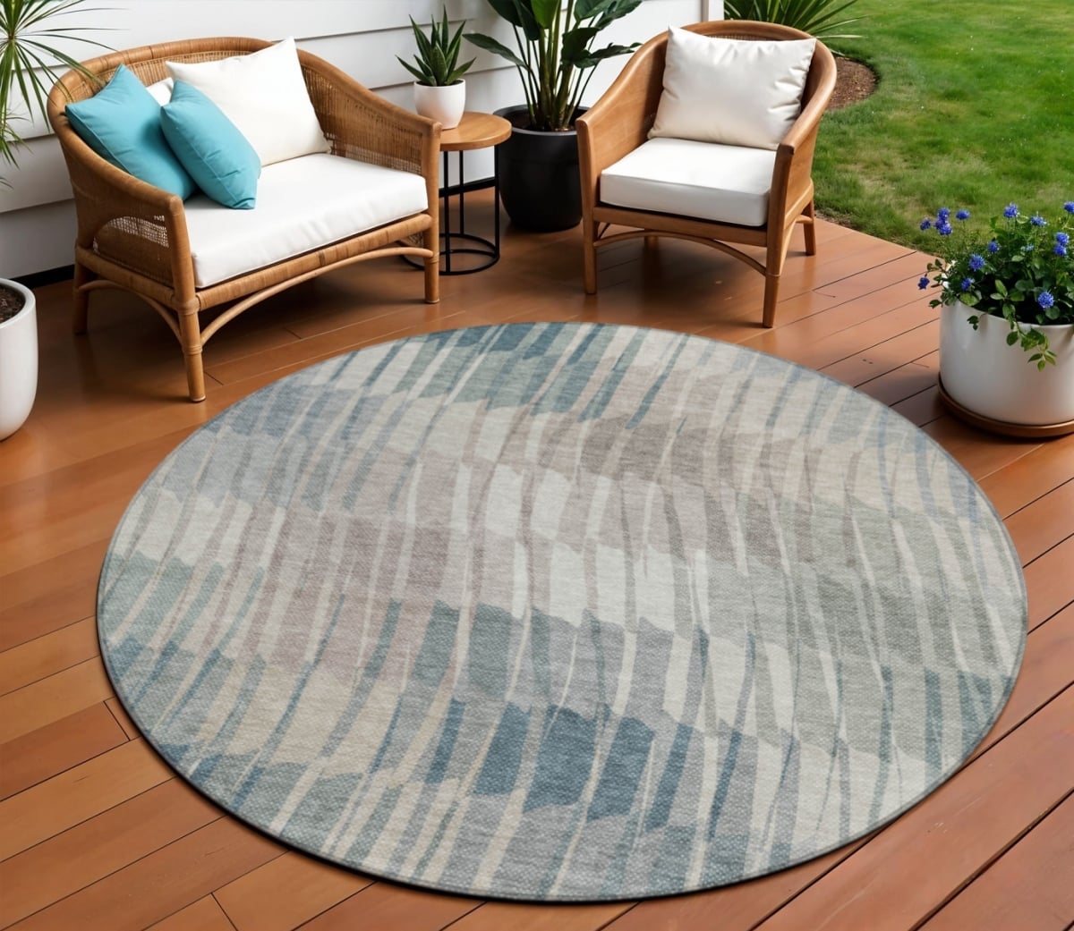 641454 8 ft. Sage & Ivory Striped Washable Transitional Indoor & Outdoor Round Area Rug