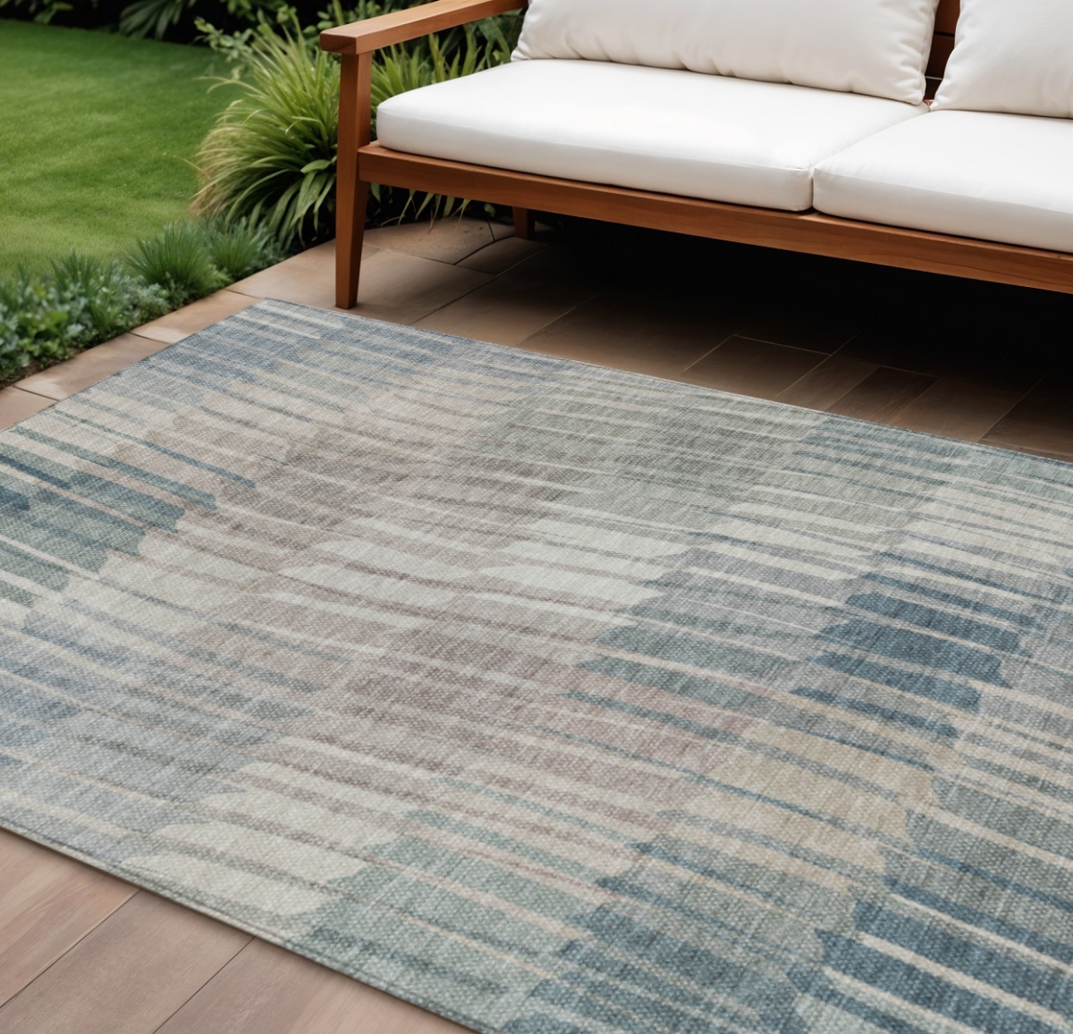 641457 10 x 14 ft. Sage & Ivory Striped Washable Transitional Indoor & Outdoor Rectangle Area Rug