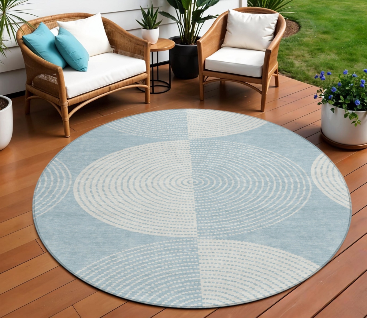 641604 8 ft. Denim Blue & Ivory Geometric Washable Transitional Indoor & Outdoor Round Area Rug