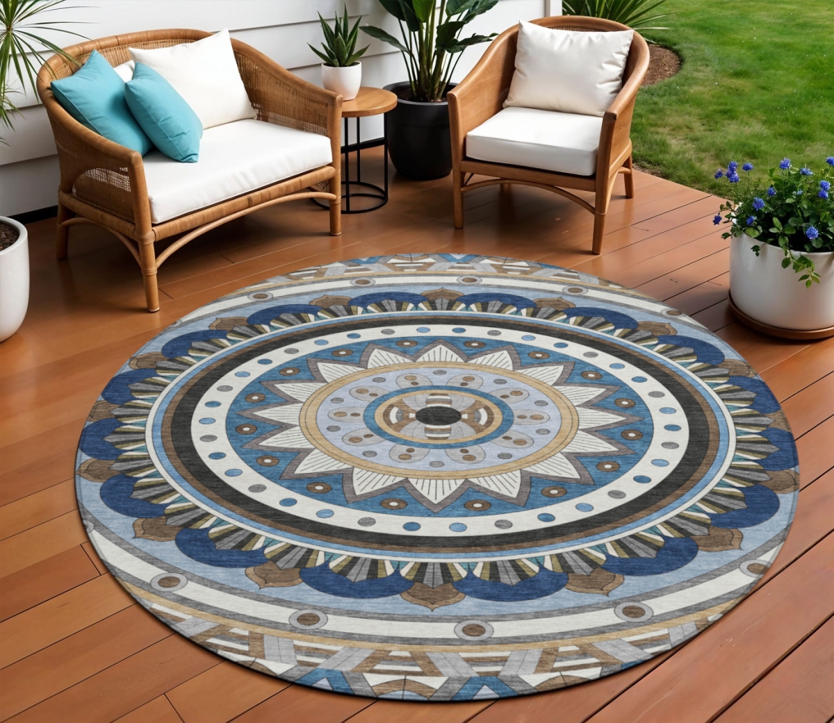 641831 8 ft. Denim Blue, Ivory & Beige Geometric Washable Transitional Indoor & Outdoor Round Area Rug