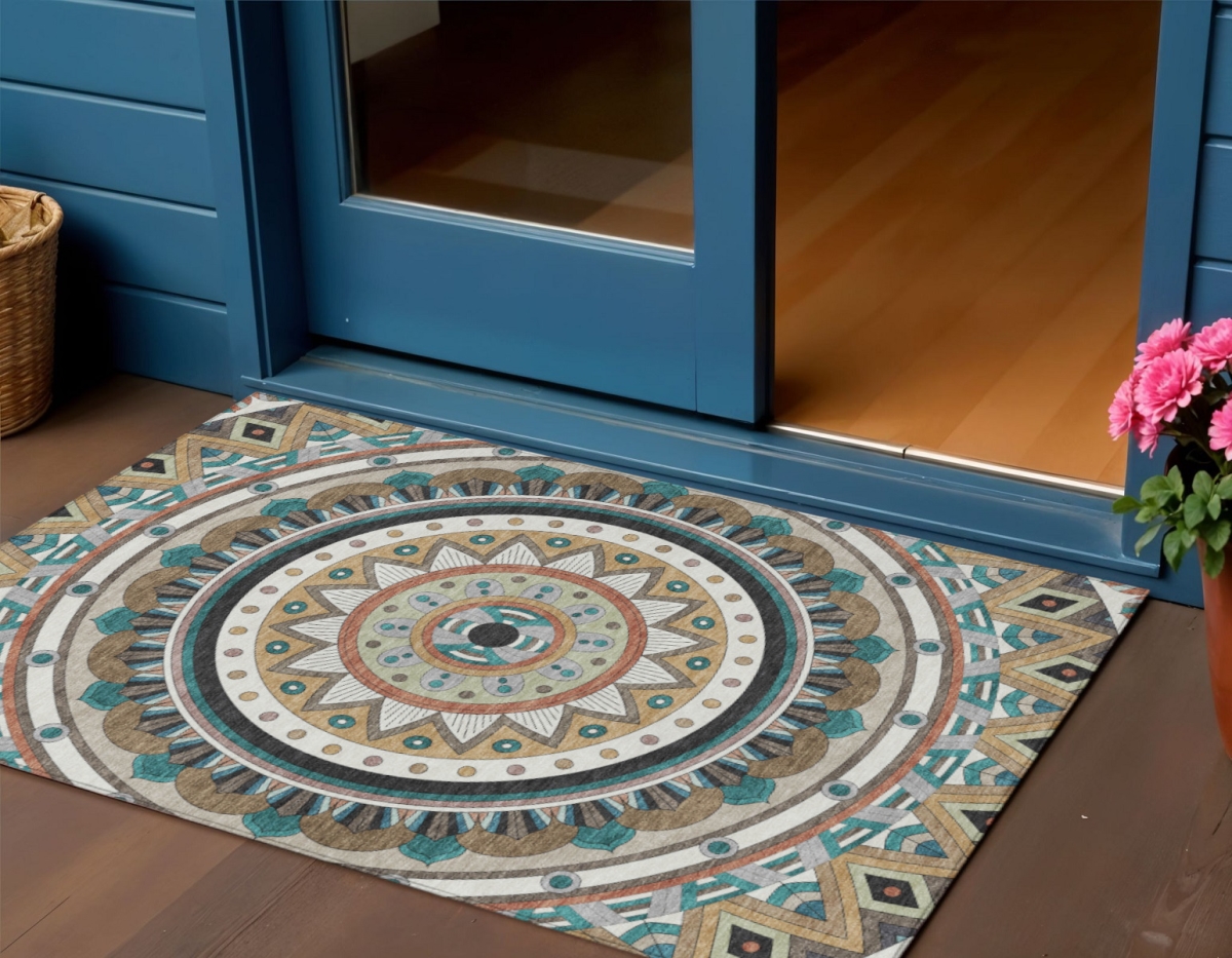 641847 3 x 5 ft. Taupe Blue Beige & Ivory Geometric Washable Transitional Indoor & Outdoor Rectangle Area Rug