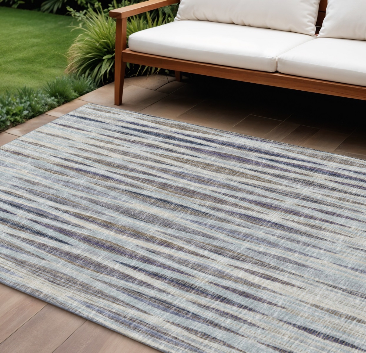 642330 9 x 12 ft. Pacific Blue & Beige Striped Washable Transitional Indoor & Outdoor Rectangle Area Rug