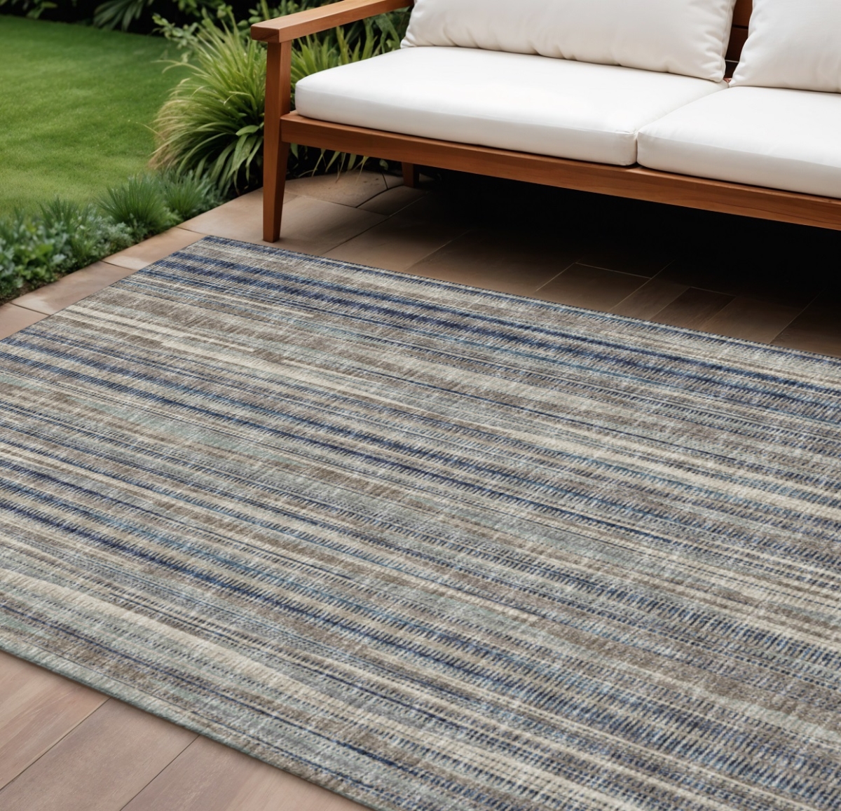 642341 8 x 10 ft. Brown & Navy Blue Striped Washable Transitional Indoor & Outdoor Rectangle Area Rug