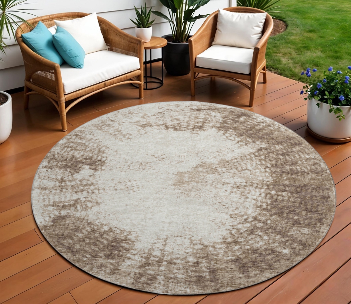 642472 8 ft. Brown & Ivory Abstract Washable Transitional Indoor & Outdoor Round Area Rug