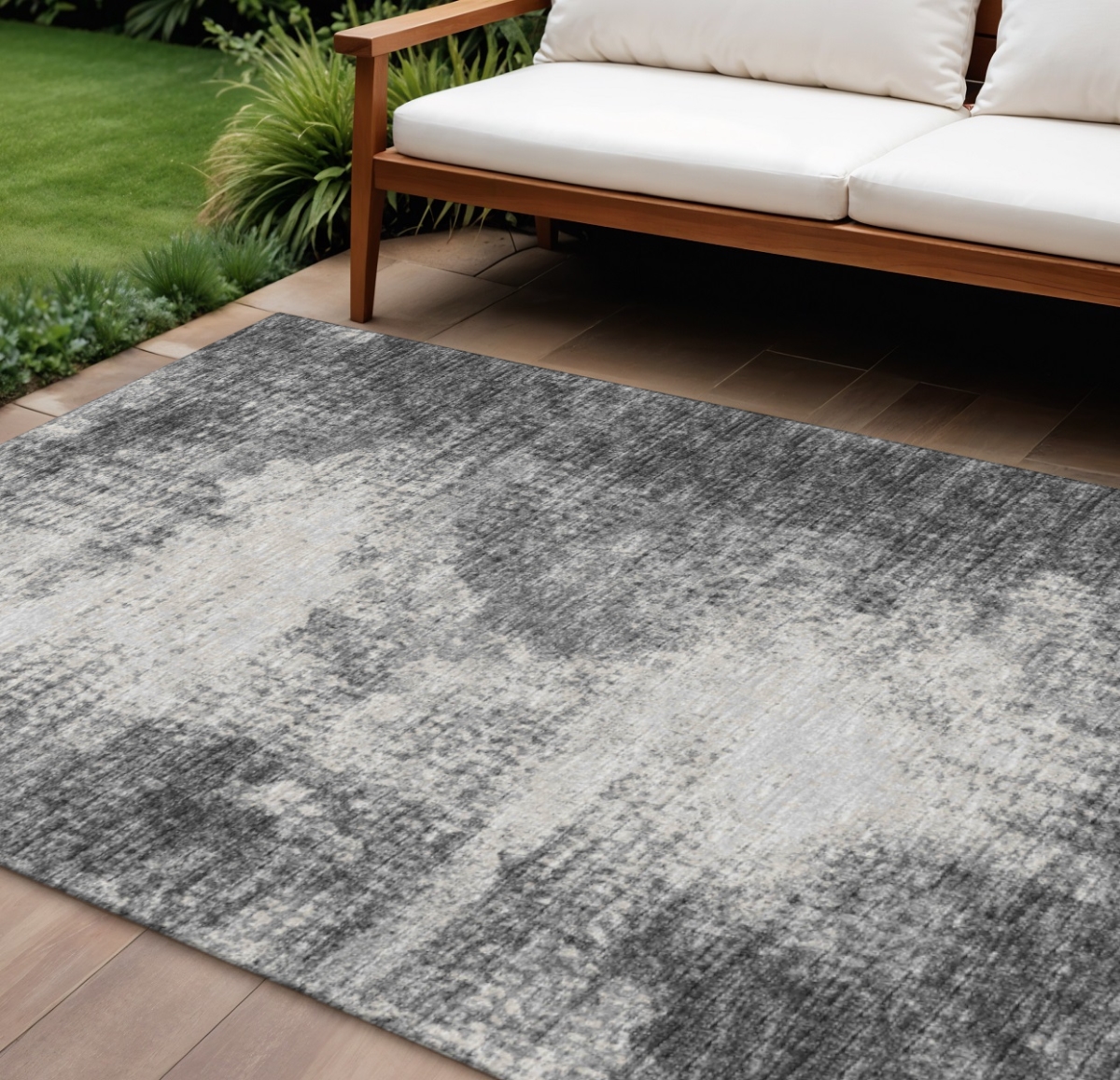 642487 10 x 14 ft. Black & Ivory Abstract Washable Transitional Indoor & Outdoor Rectangle Area Rug
