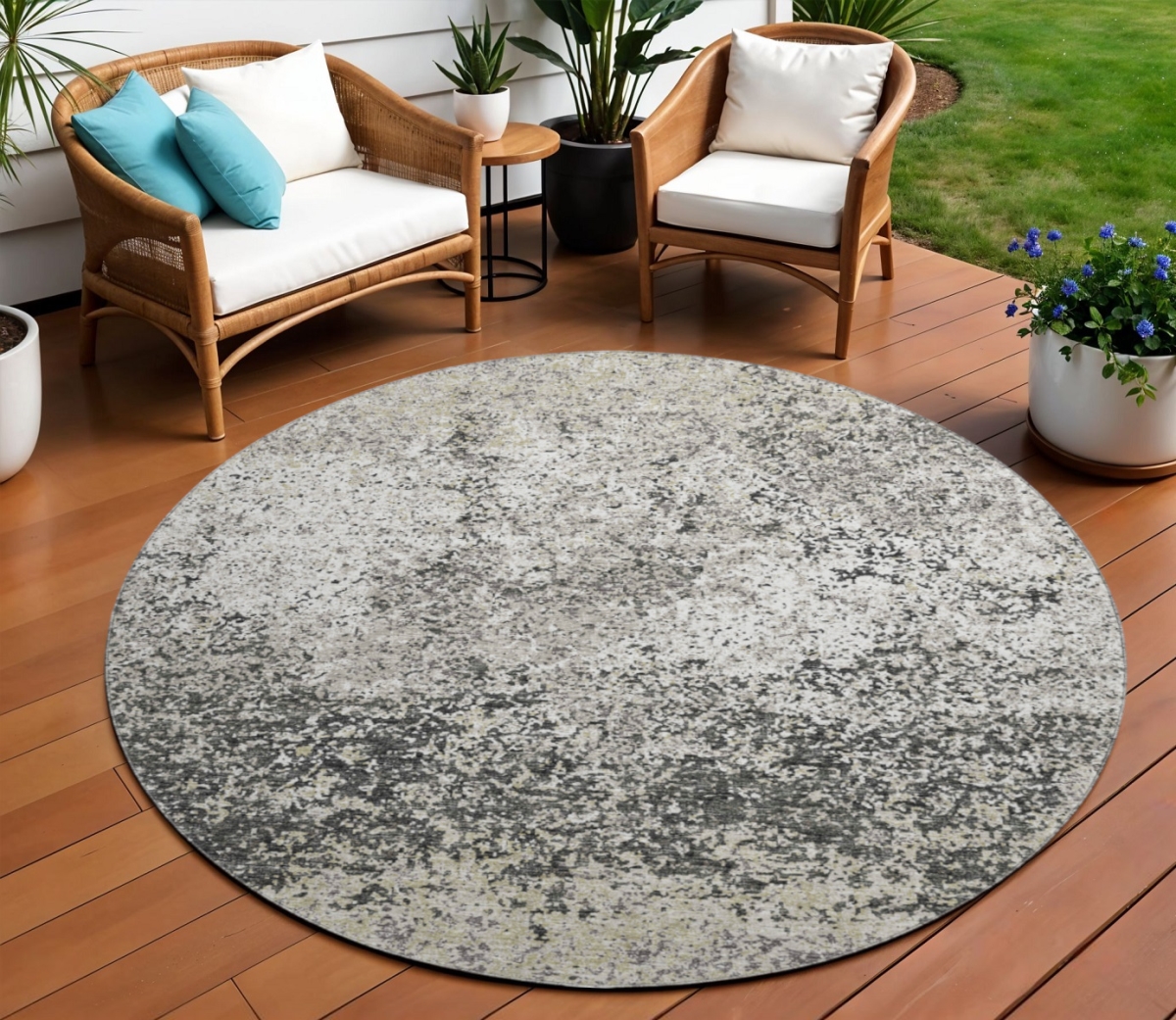 642532 8 ft. Gray & Charcoal Abstract Washable Transitional Indoor & Outdoor Round Area Rug
