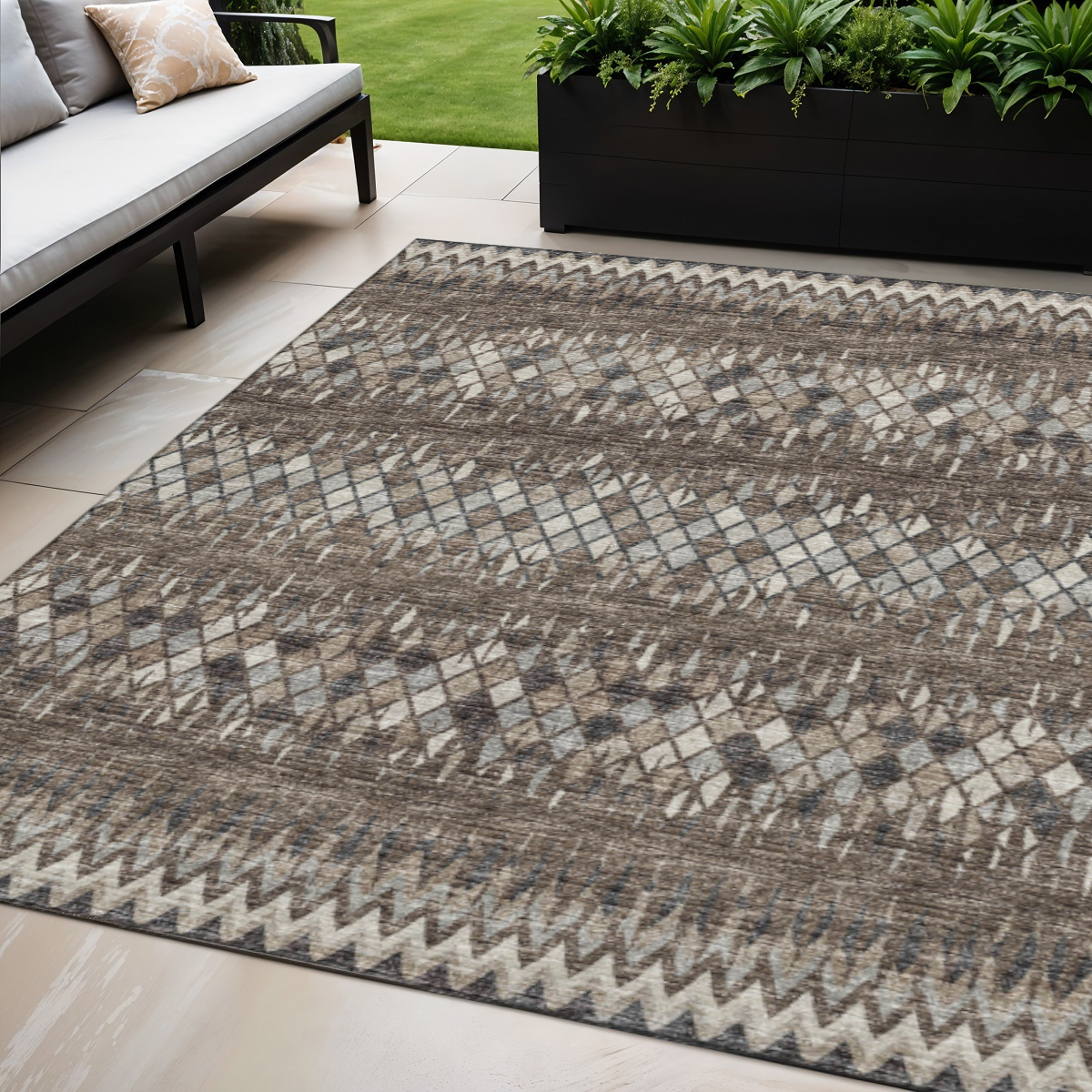 642573 5 x 8 ft. Brown & Ivory Ikat Washable Transitional Indoor & Outdoor Rectangle Area Rug