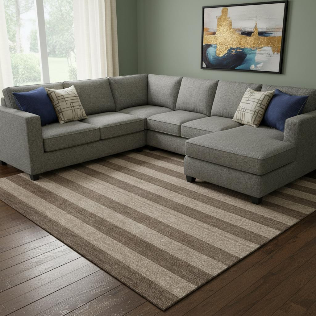 647740 10 x 14 ft. Coffee & Beige Striped Washable Machine Made Rectangle Area Rug with UV Protection