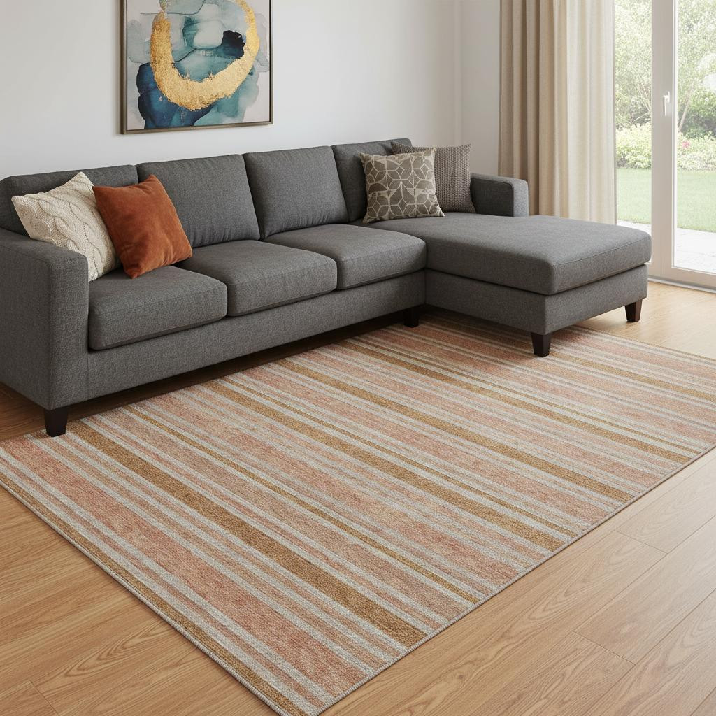 647854 10 x 14 ft. Rust & Beige Striped Transitional Washable Machine Made Rectangle Area Rug with UV Protection