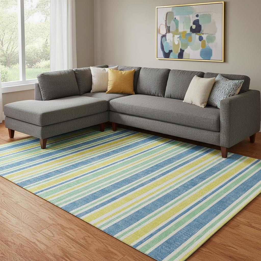 647896 10 x 14 ft. Yellow & Blue Striped Washable Machine Made Rectangle Area Rug with UV Protection