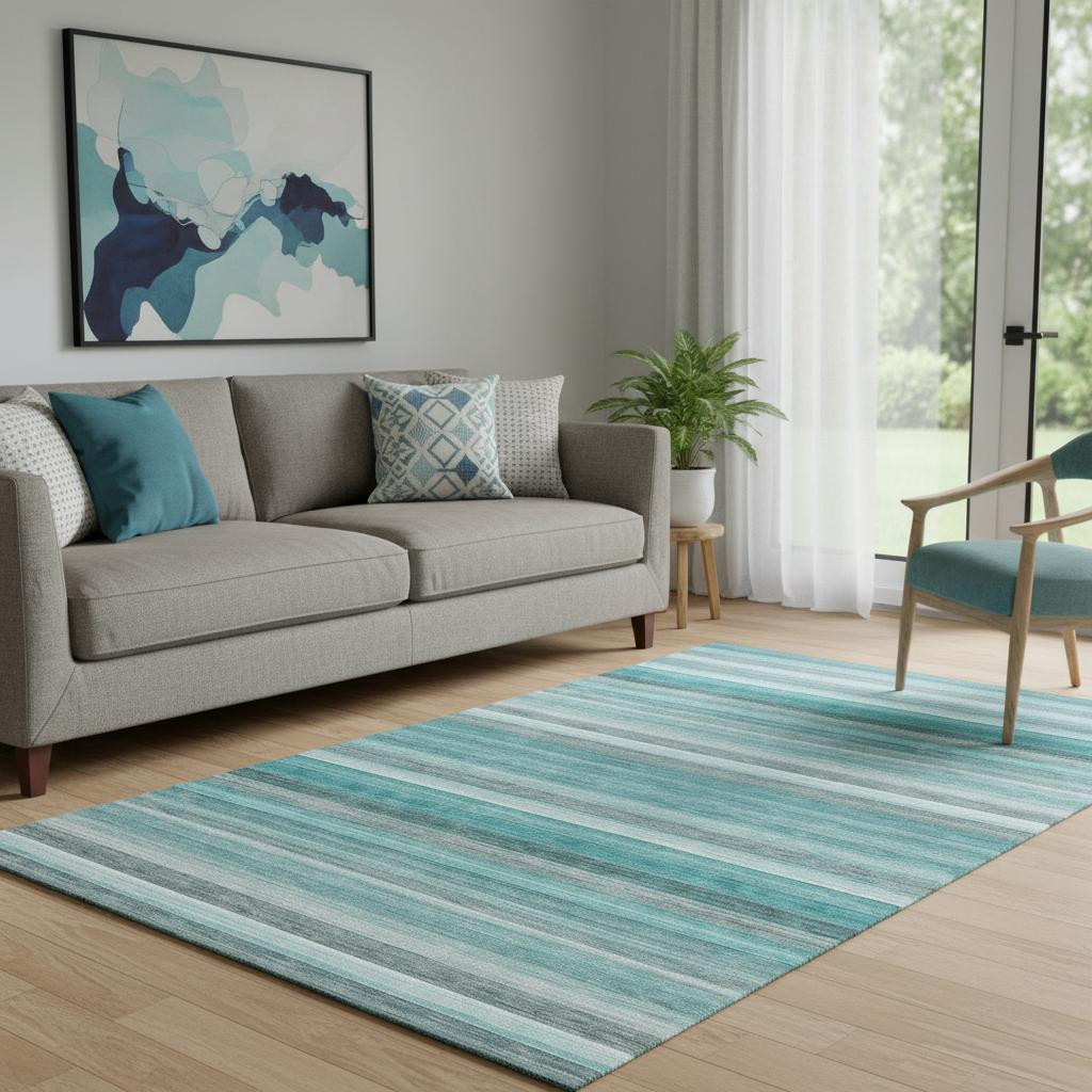 648054 5 x 8 ft. Teal, Gray & Ivory Striped Washable Machine Made Rectangle Area Rug with UV Protection
