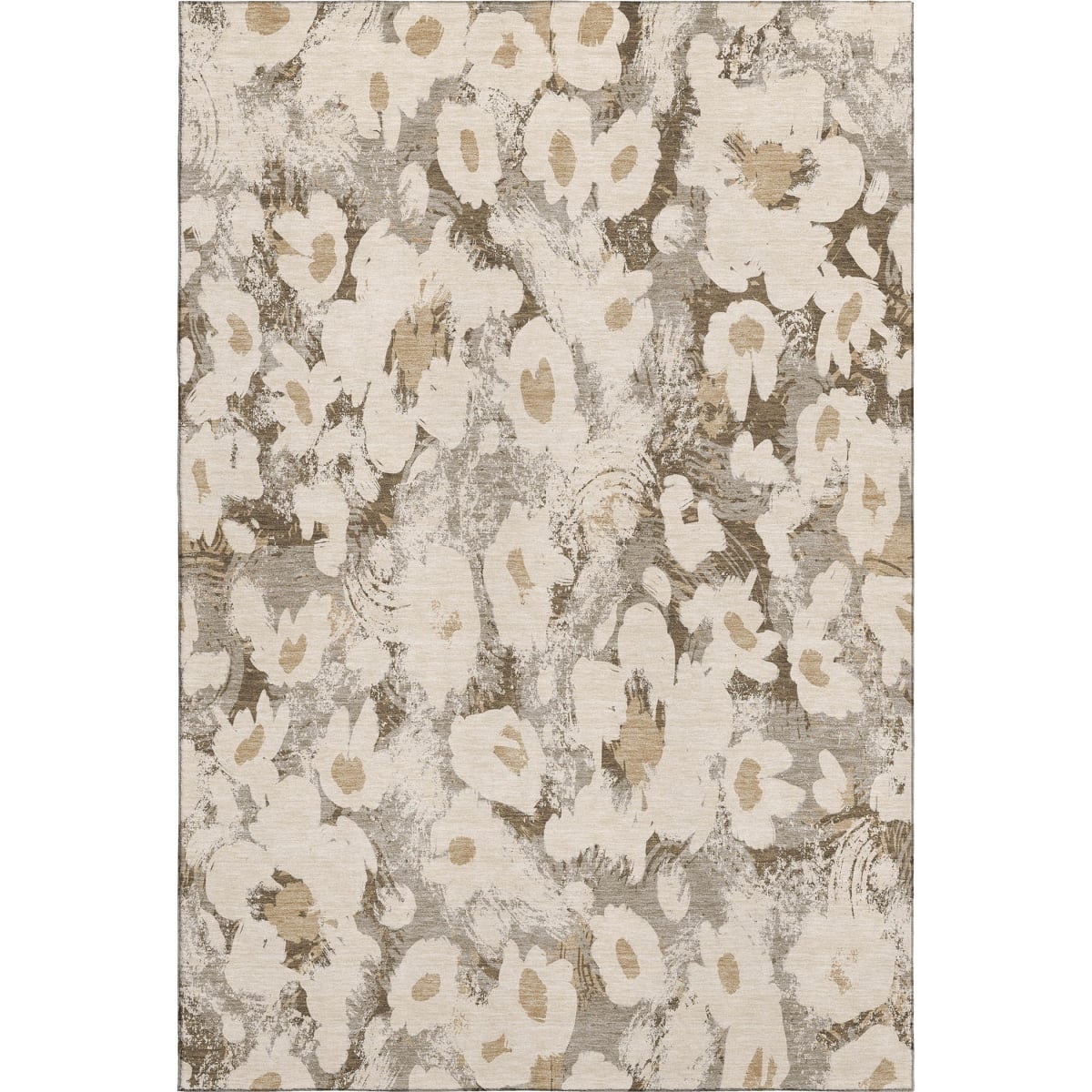 648171 9 x 12 ft. Khaki, Gray & Ivory Floral Washable Machine Made Rectangle Area Rug with UV Protection