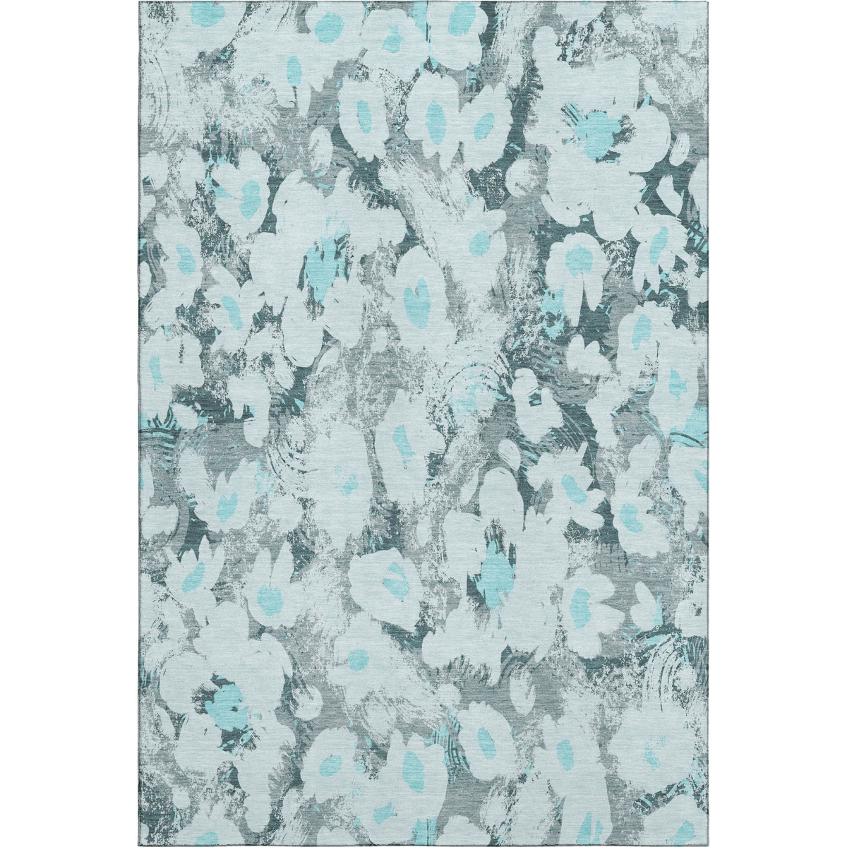 648177 9 x 12 ft. Teal, Gray & Ivory Floral Transitional Washable Machine Made Rectangle Area Rug with UV Protection