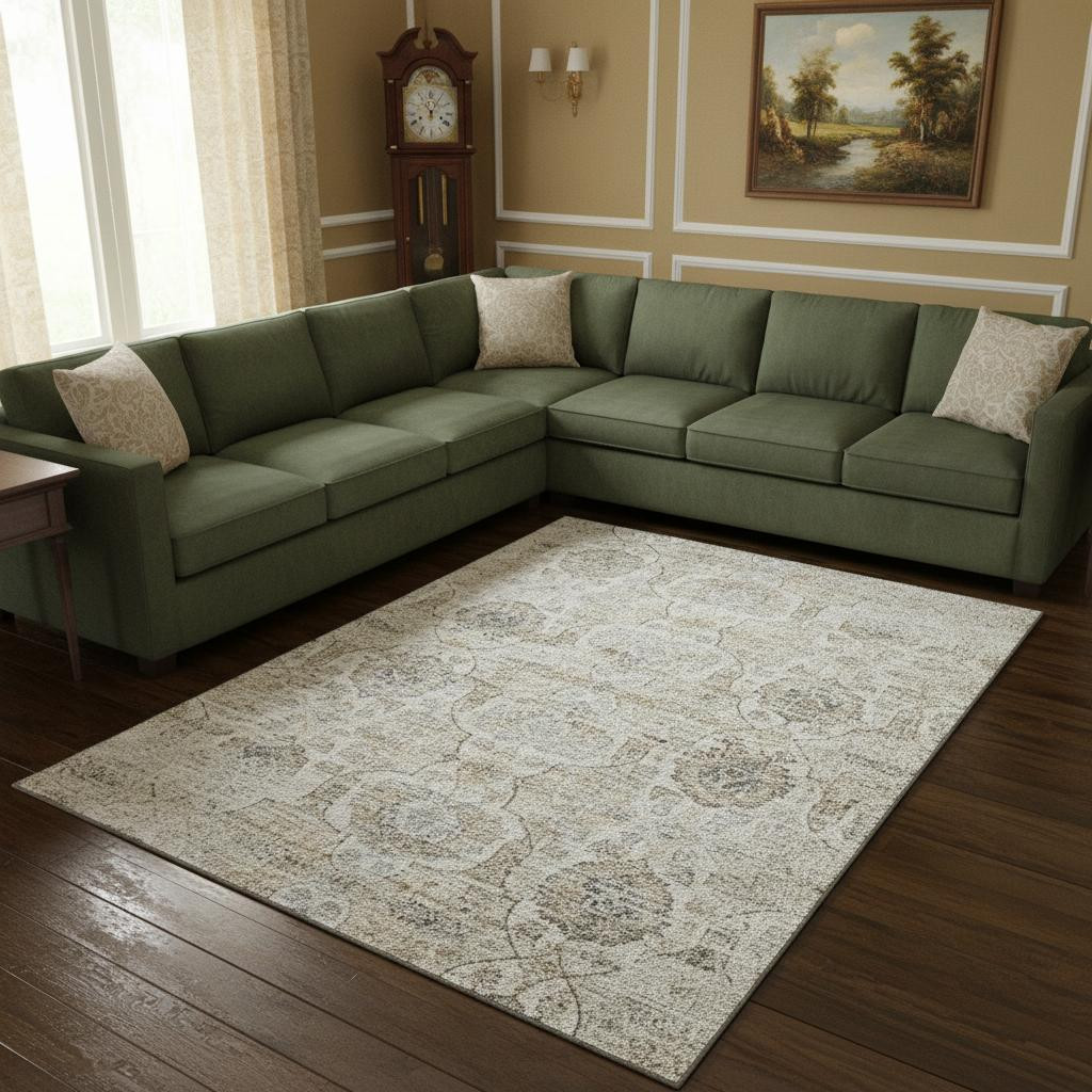 644580 10 x 14 ft. Linen & Ivory Floral Medallion Washable Machine Made Rectangle Area Rug with UV Protection