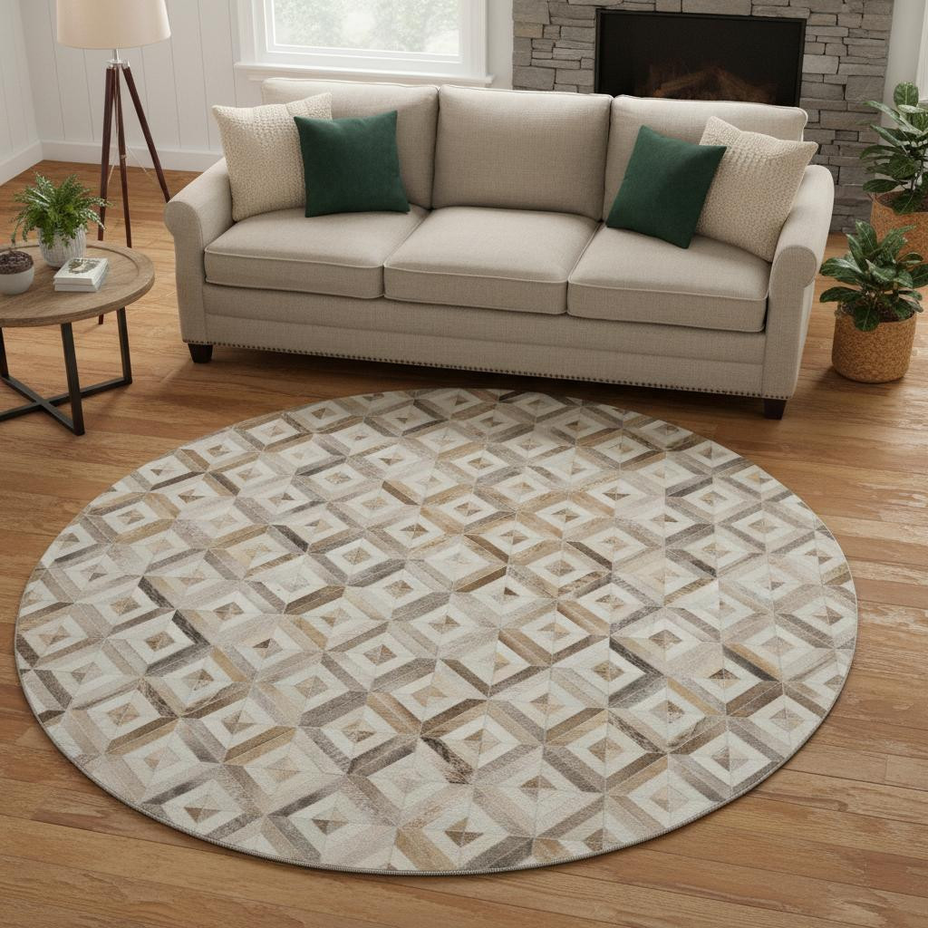 644703 8 ft. Gray Brown & Ivory Geometric Washable Round Area Rug with UV Protection