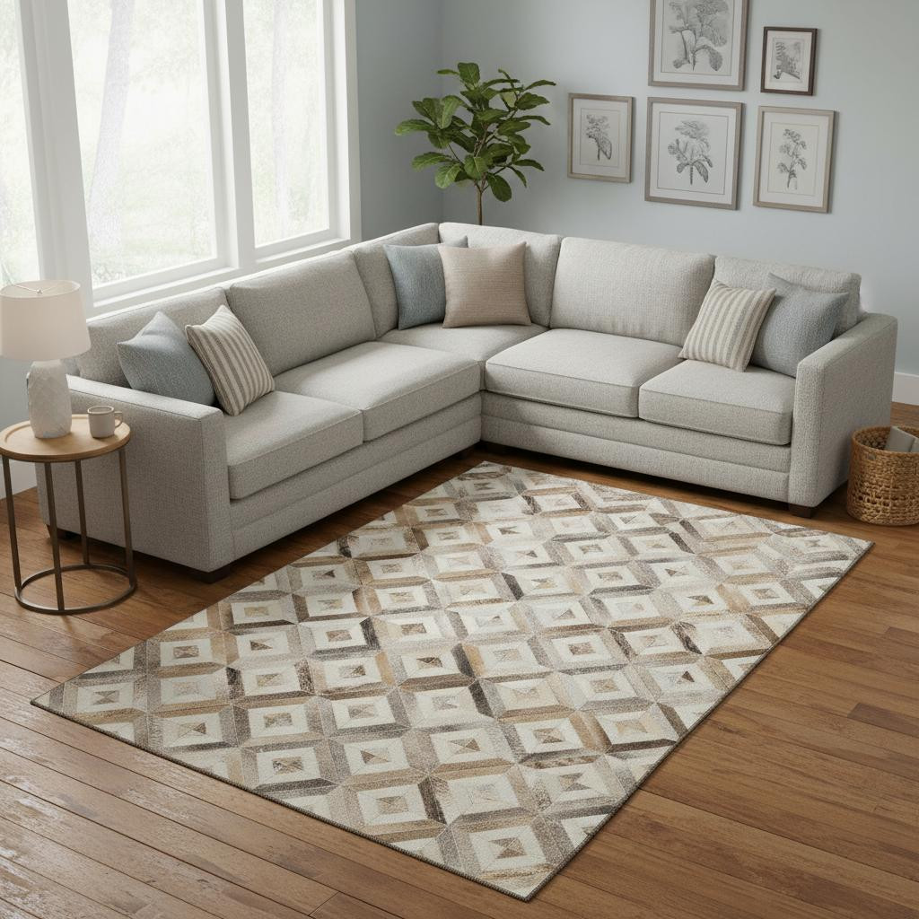 644704 8 x 10 ft. Gray Brown & Ivory Geometric Washable Machine Made Rectangle Area Rug with UV Protection