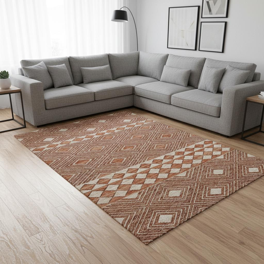 644759 9 x 12 ft. Burnt Sienna & Ivory Geometric Washable Machine Made Rectangle Area Rug with UV Protection
