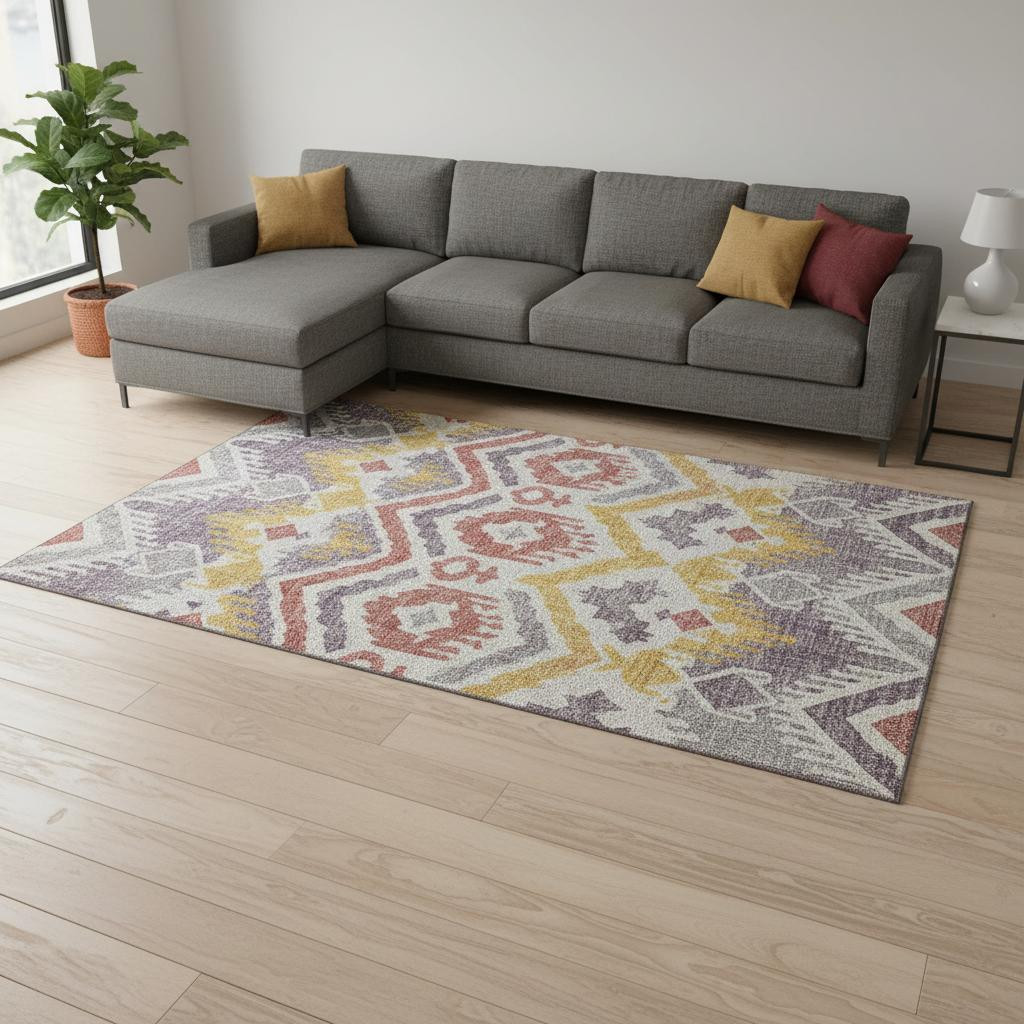 644788 8 x 10 ft. Purple, Ivory & Gold Tribal Transitional Washable Machine Made Rectangle Area Rug with UV Protection