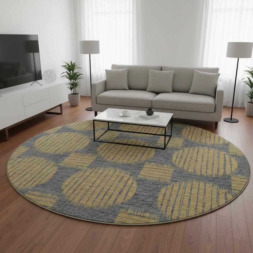 645046 8 ft. Gold & Gray Geometric Transitional Washable Round Area Rug with UV Protection