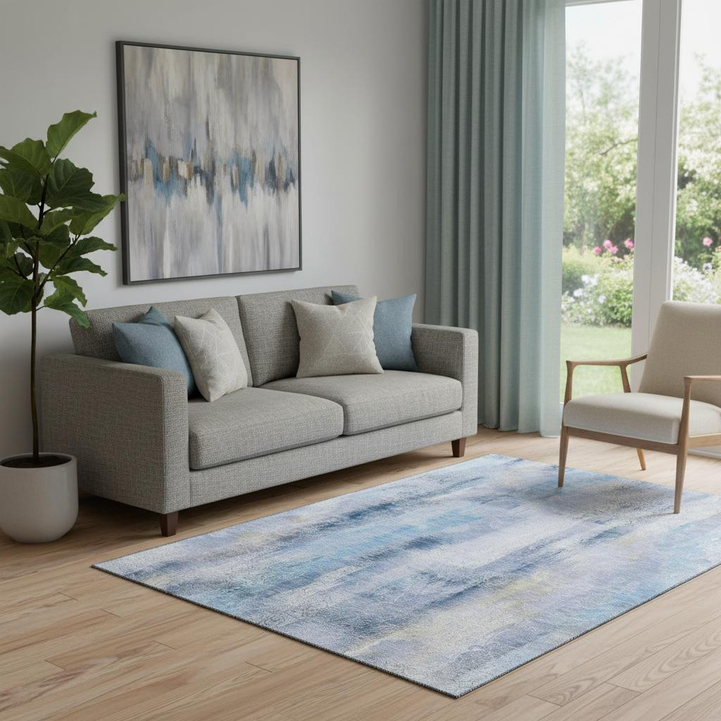 648114 5 x 8 ft. Blue & Ivory Abstract Transitional Washable Machine Made Rectangle Area Rug with UV Protection