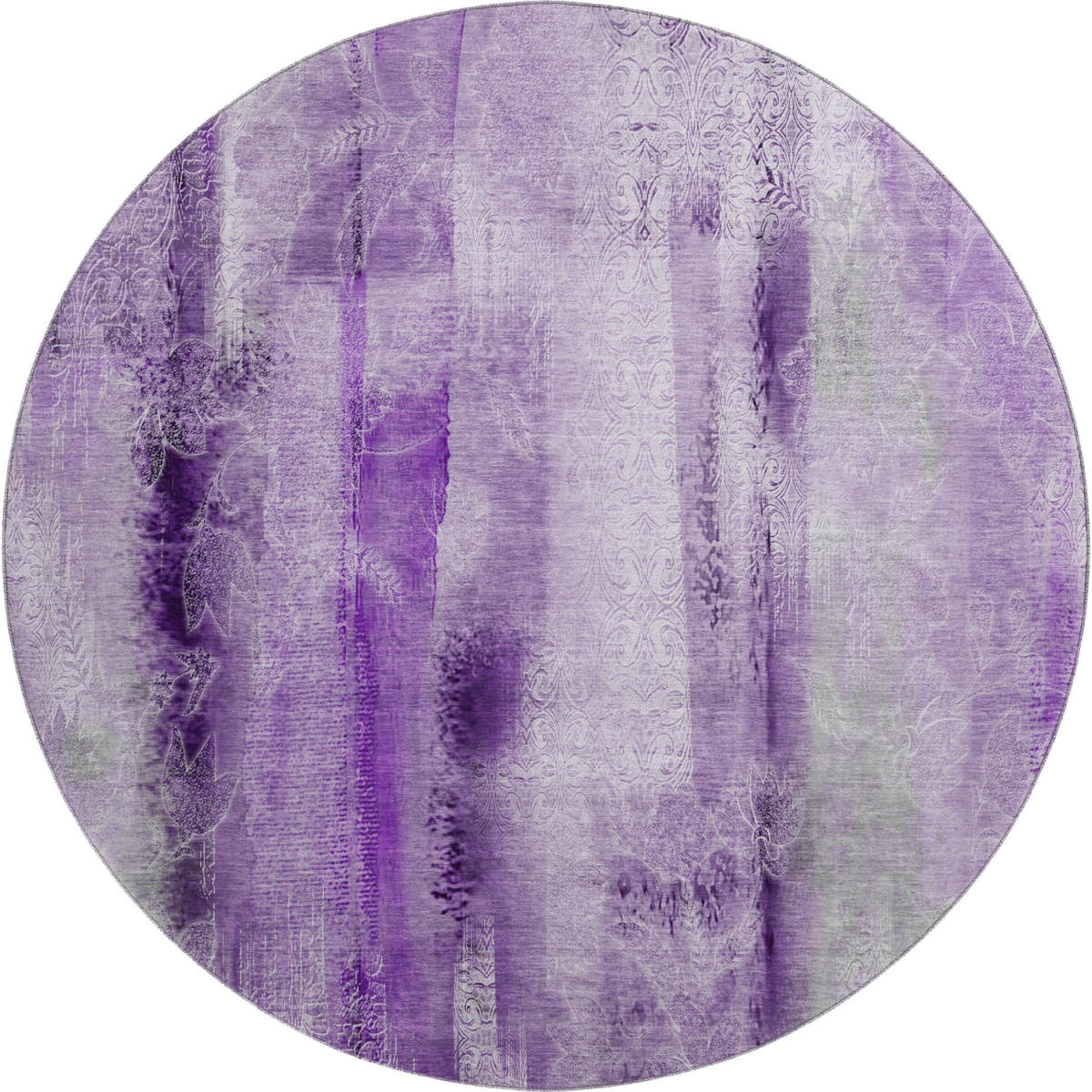 648127 8 ft. Purple & Ivory Abstract Transitional Washable Round Area Rug with UV Protection