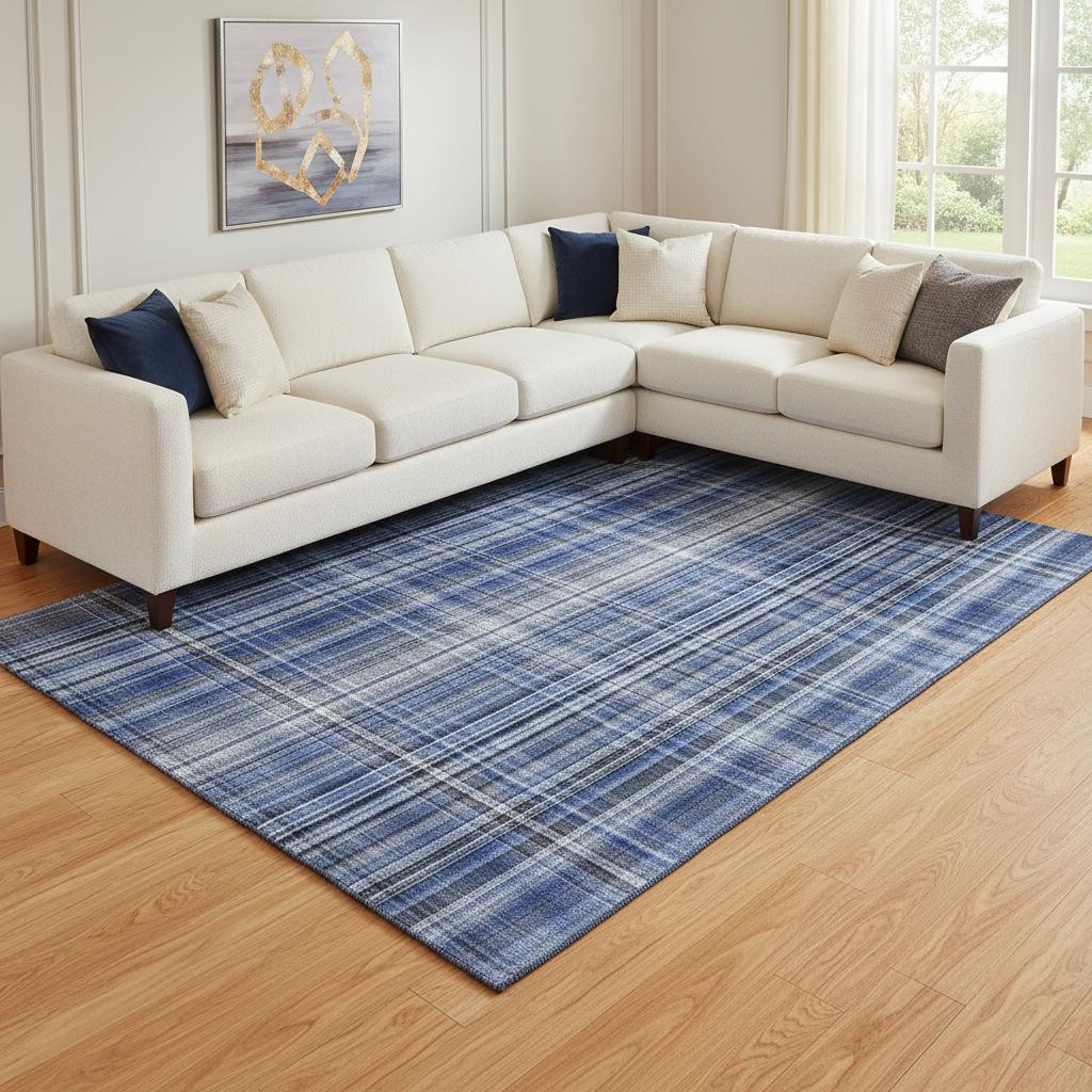 648280 10 x 14 ft. Navy Blue & Gray Plaid Washable Machine Made Rectangle Area Rug with UV Protection
