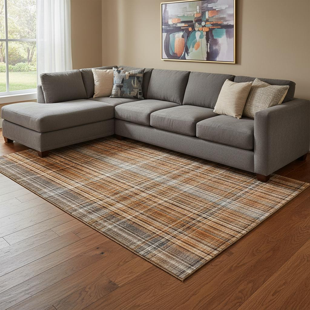 648316 10 x 14 ft. Terra Cotta & Gray Plaid Washable Machine Made Rectangle Area Rug with UV Protection