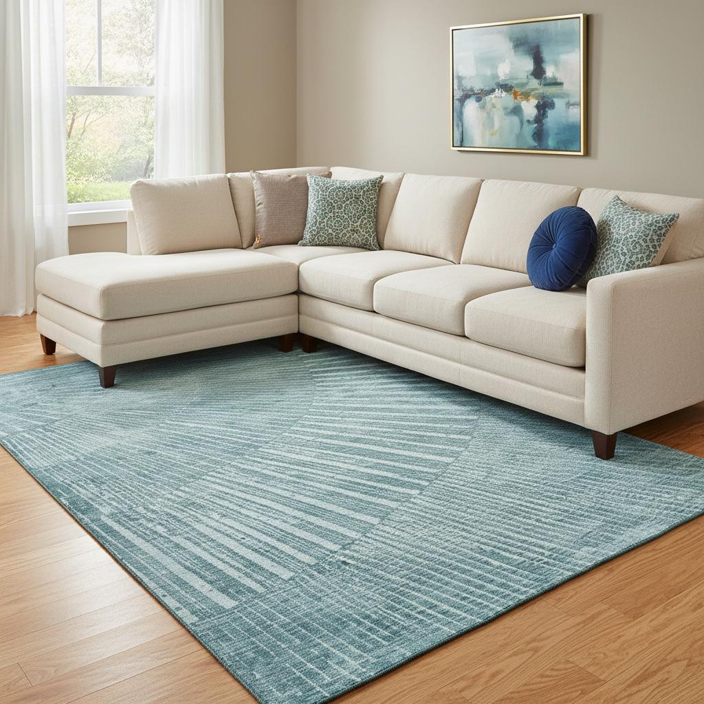 648358 10 x 14 ft. Teal & Ivory Geometric Transitional Washable Machine Made Rectangle Area Rug with UV Protection