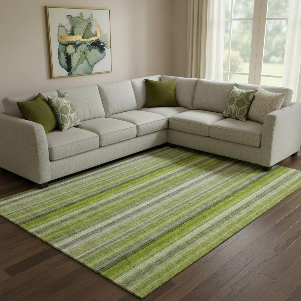 648388 10 x 14 ft. Green & Ivory Striped Transitional Washable Machine Made Rectangle Area Rug with UV Protection