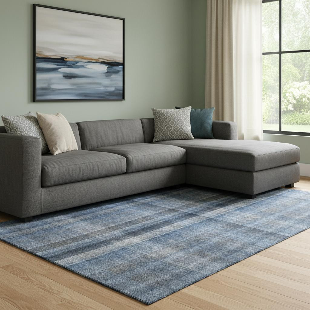648496 10 x 14 ft. Blue & Gray Plaid Washable Machine Made Rectangle Area Rug with UV Protection