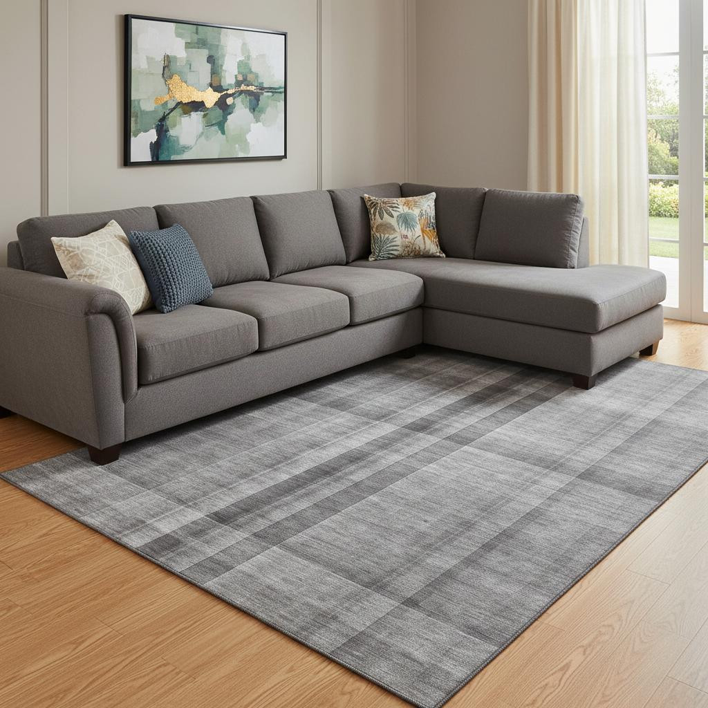 648502 10 x 14 ft. Gray & Ivory Plaid Transitional Washable Machine Made Rectangle Area Rug with UV Protection