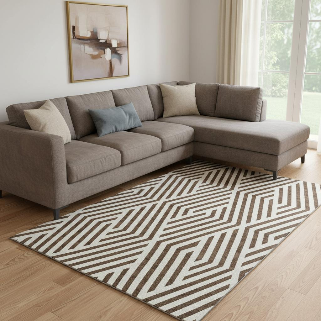 648526 10 x 14 ft. Brown & Ivory Geometric Transitional Washable Machine Made Rectangle Area Rug with UV Protection