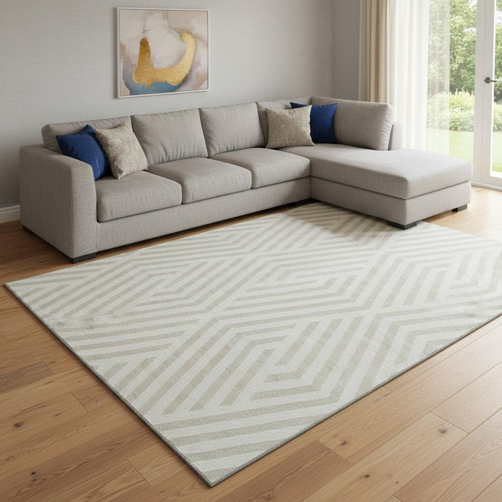 648550 10 x 14 ft. Ivory & Beige Geometric Transitional Washable Machine Made Rectangle Area Rug with UV Protection
