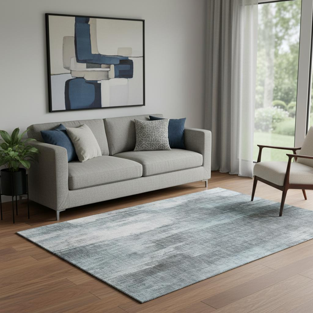649614 5 x 8 ft. Teal & Ivory Abstract Transitional Washable Machine Made Rectangle Area Rug with UV Protection